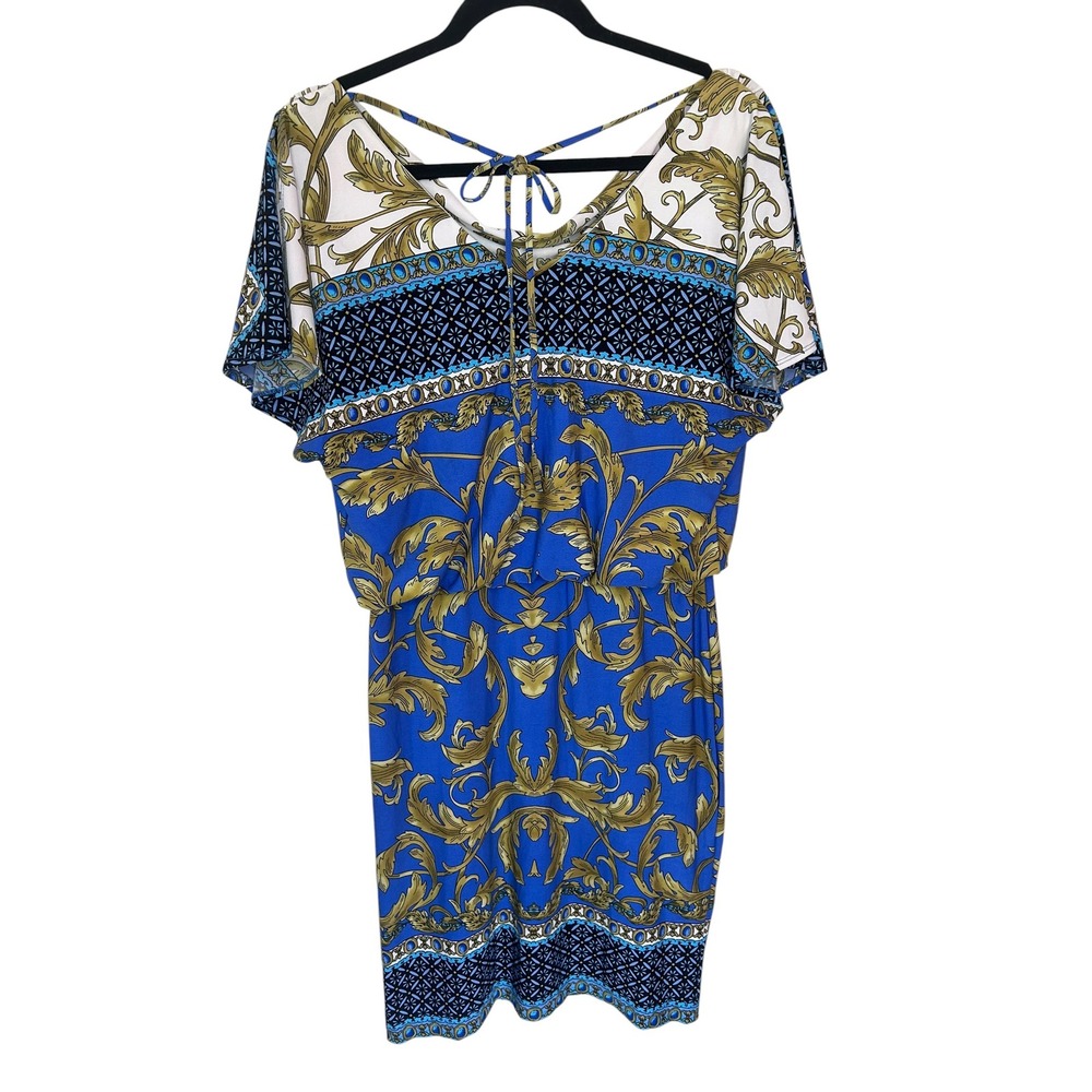 Women's Size 6 Blue & Gold Floral Print Short Sleeve Dress